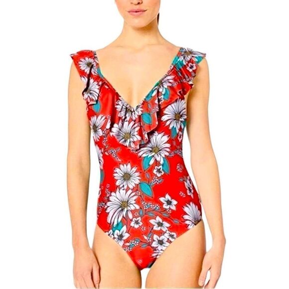 Jessica Simpson swimsuit one piece ruffle salsa red floral Small - Picture 1 of 11